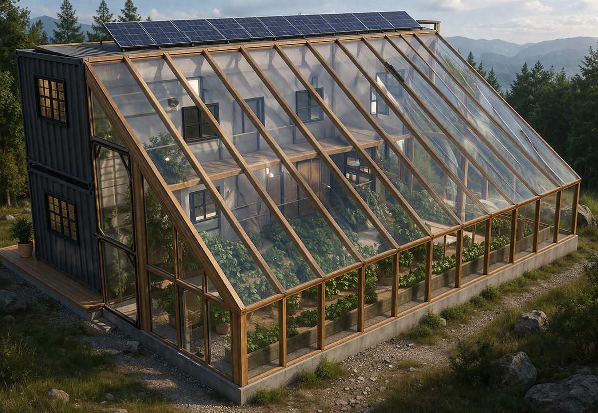 640sqft Solar-Powered Shipping Container Cabin with Attached Greenhouse – Can Be Built for Just $25K